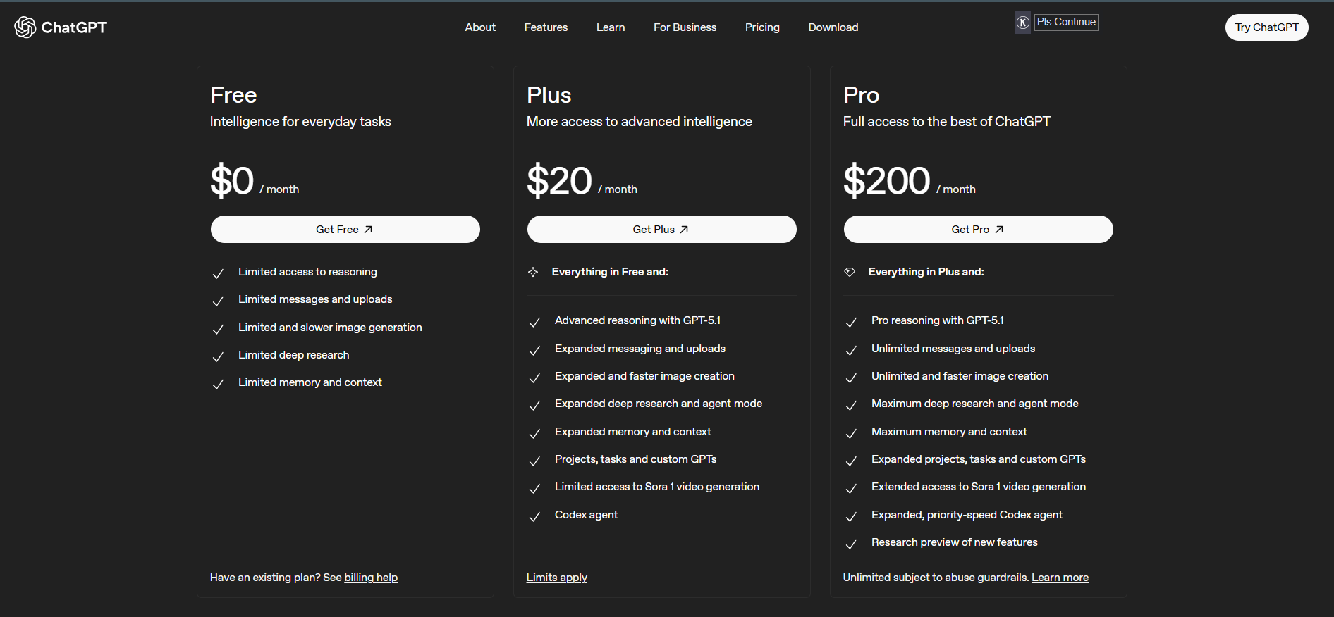 ChatGPT pricing options with Free, Plus, and Pro plans comparing monthly costs, features, image creation, and deep research options